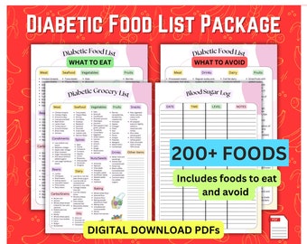 Diabetic grocery list PDF~ Diabetic Food List Printable  ~ Blood Sugar Log ~ Type 2 Diabetes Grocery List~ Low GI Food List ~ Foods to avoid