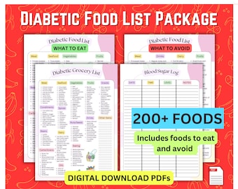 Diabetic grocery list PDF~ Diabetic Food List Printable  ~ Blood Sugar Log ~ Type 2 Diabetes Grocery List~ Low GI Food List ~ Foods to avoid