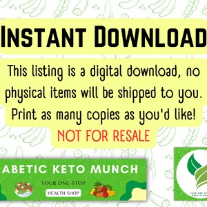 May include: A digital download for a diabetic keto munch recipe. The image features a green banner with the text "Diabetic Keto Munch" and a smaller banner with the text "Your One-Stop Health Shop". The background is a yellow pattern of bananas and green leaves.