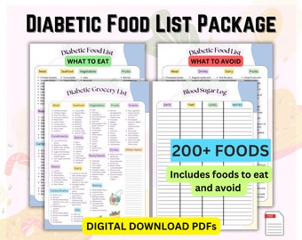 Diabetic Food List Printable, Blood Sugar Log, Type 2 Diabetes Grocery List, Low GI Food List, Food to avoid list, Diabetic grocery list PDF