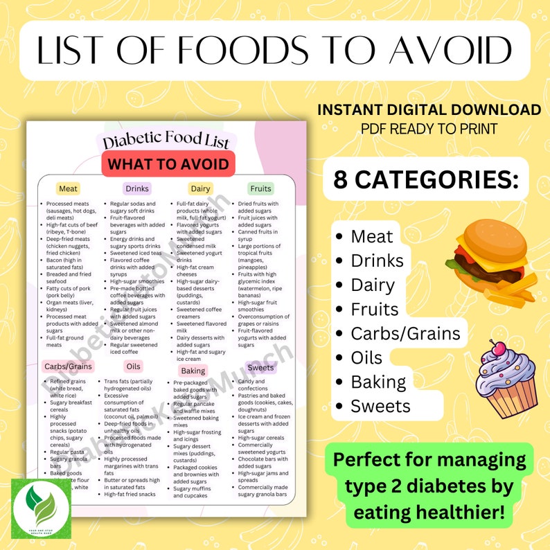 this diabetic food list of foods to avoid for diabetics has 8 categories. Perfect for managing type 2 diabetes and is a printable diabetic food list. keywords include: diabetic foods list, diabetes food list, diabetic log book