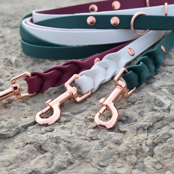 Rosie: beautiful, handmade 6.5F long Biothane leash with beautiful braid and strong rose gold hardware.