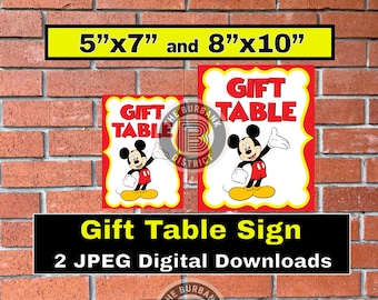 Mickey Mouse Gift Table Sign Printable Digital Download 5x7 and 8x10 - Includes Two JPEG files - great for birthday parties and celebrations