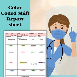 May include: A printable colour-coded shift report sheet for nurses. The sheet is divided into sections for patient information, allergies, medications, vital signs, and more. The sheet is designed to help nurses stay organised and efficient.