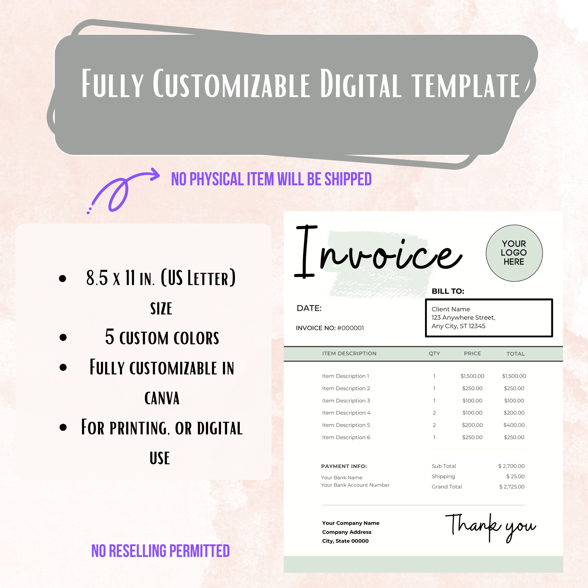 Editable Invoice Template for Small Business (canva, Printable Digital ...