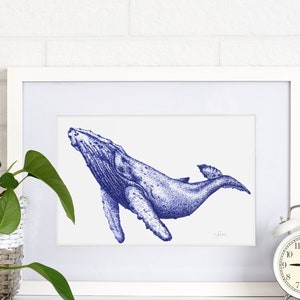 Magnificent Humpback Whale Art Print in Pointillism, A5 Coastal Wall Art, Nautical Decor, 148mm x 210mm