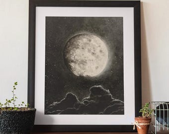 水彩画、月の絵、月のプリント、月の満ち欠け、満月、夜空のプリント