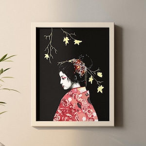 DIGITAL PRINT - Japanese Geisha Print, Aki Geisha Art, Mixed Media Artwork, Digital Download, Printable Wall Art, Dot Art, Home Decor