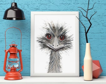Esme the Emu Watercolour Artwork, A4 Emu Wall Art, Aussie Wildlife Decor, 210mm x 297mm