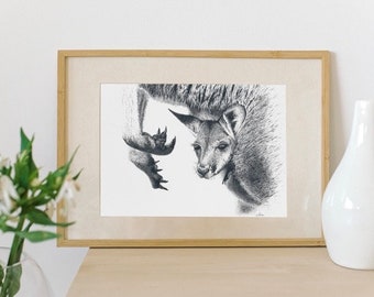 Kangaroo Artwork, A5 Kangaroo Joey Art Print, Australian Marsupial Wall Art, 148mm x 210mm
