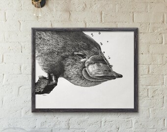 DIGITAL PRINT - Platypus,  Australian Platypus Print, Black and White, Digital Download, Printable Wall Art, Dot Art, Home Decor