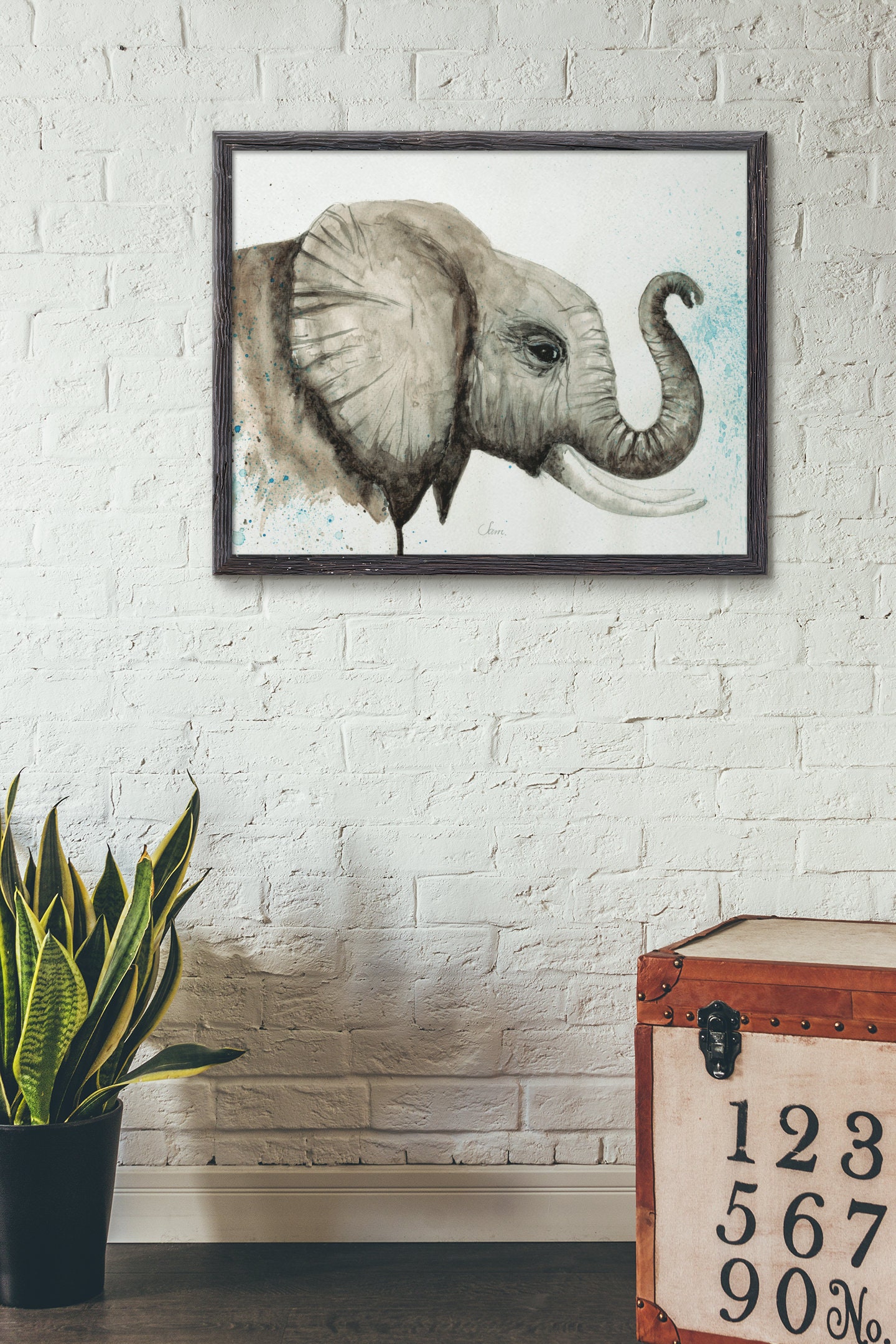 象の水彩画アートワーク A5 象の壁アート 野生動物の装飾 象の保育園の