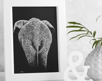 Black and White Elephant Art Print, Elephant A5 Poster, Home Decor, Wildlife Artwork, Dot Art, 148mm x 210mm