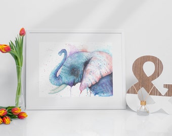 Charming Blue Watercolour Elephant Artwork, A5 Colourful Elephant Wall Art, Gift for Baby Shower, 148mm x 210mm