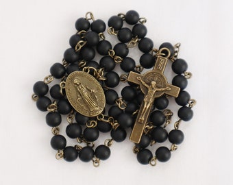 Refuge of Sinners | Catholic Rosary | Saint Benedict Medal Crucifix | Our Lady of the Miraculous Medal | Matte black agate