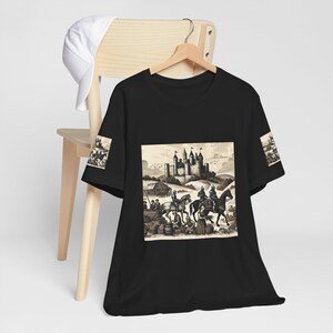 Camiseta unisex con escena de aventura vintage, informal, gráfica, artística, ideal como regalo para viajeros y amantes de la historia.