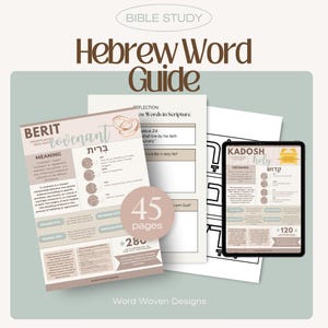 Op de afbeelding: Een digitale gids voor Hebreeuwse woorden in de Bijbel. De gids bevat twee pagina's, één met het woord "Berit" en de betekenis "Verbond" en de andere met het woord "Kadosh" en de betekenis "Heilig". De gids bevat ook een reflectiegedeelte met vragen over de woorden.