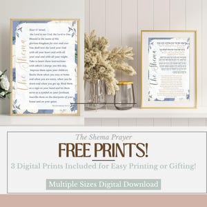 May include: Three printable digital downloads of the Shema prayer in Hebrew and English. The prints feature a blue and white floral design. The Shema Prayer FREE PRINTS! 3 Digital Prints Included for Easy Printing or Gifting! Multiple Sizes Digital Download
