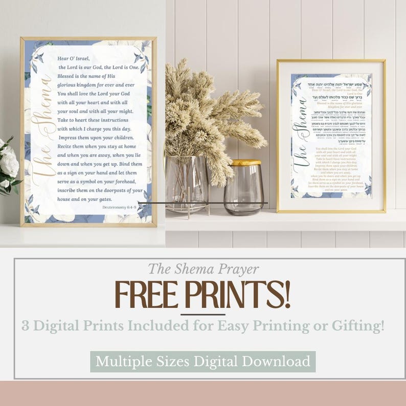 May include: Three printable digital downloads of the Shema prayer in Hebrew and English. The prints feature a blue and white floral design. The Shema Prayer FREE PRINTS! 3 Digital Prints Included for Easy Printing or Gifting! Multiple Sizes Digital Download