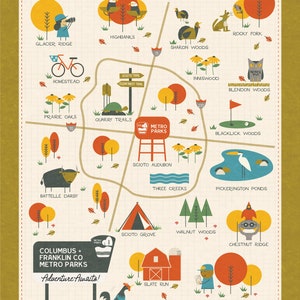 May include: A colorful illustrated map of Columbus + Franklin Co Metro Parks in Ohio. The map features various parks, trails, and landmarks, including Prairie Oaks, Quarry Trails, Scioto Audubon, and Slate Run. The map also includes icons representing different activities, such as biking, hiking, and fishing.