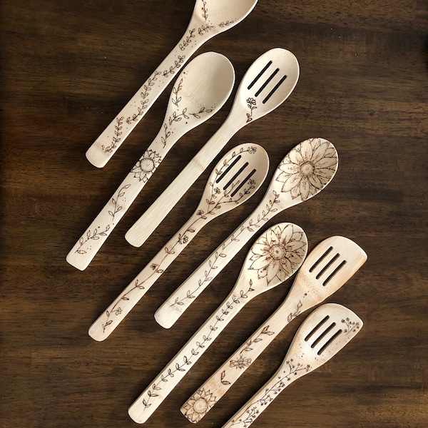 Bamboo Wood Burned Cooking Utensils Open Stock