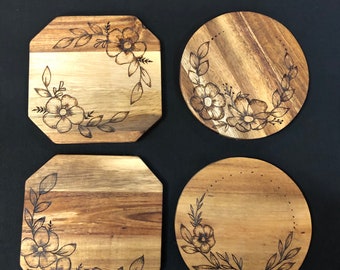 Floral Inspired Acacia wood Trivets in two shapes: round and octagonal