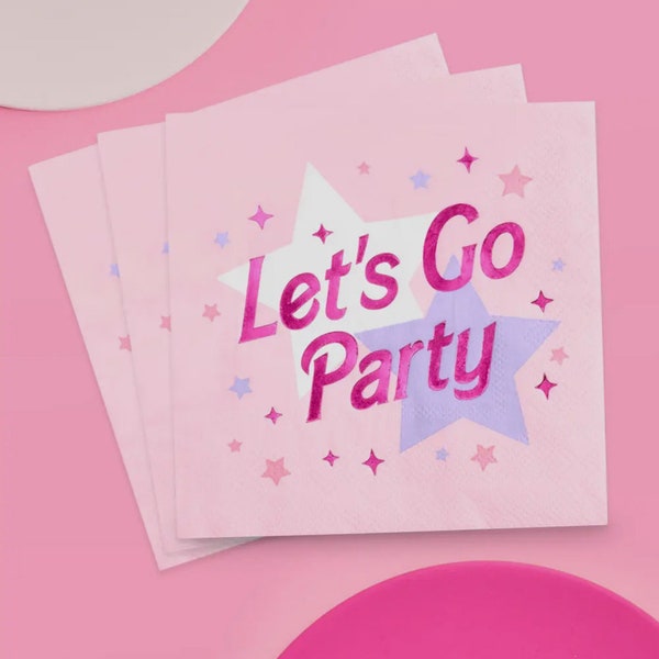 Let’s Go Party Napkin, Pink, Barbie Party, NAPKIN, Come On Barbie, Pink Foil Lettering, xoFetti, 25 3-ply paper napkins