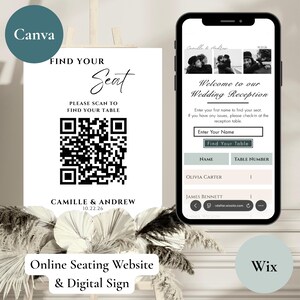 May include: A white wedding seating sign featuring a black QR code, the text Find Your Seat, and the names Camille & Andrew with the date 10.22.26. Beside it, a smartphone displays a digital wedding reception website with a search interface.