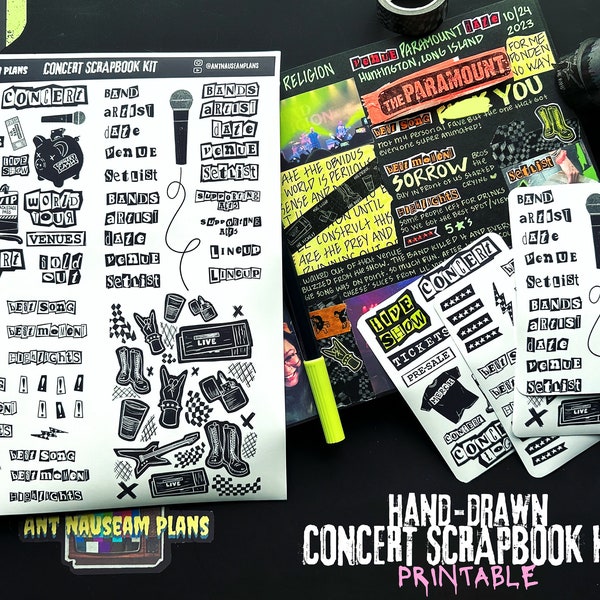 Hand-drawn Punk Rock Concert Scrapbook Kit [[Printable]]