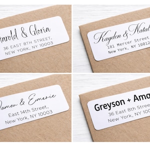 May include: Four rectangular white address labels with names and addresses printed in black on a light brown envelope. The labels feature names like "Harold & Gloria" and "Greyson + Amara" with corresponding street addresses.