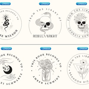 May include: Six circular black and white custom book stamps featuring various designs including a snake with hands, a skull with a snake, a skull with flowers, hands holding a crescent moon, a jar of flowers, and a flower inside a triangle.
