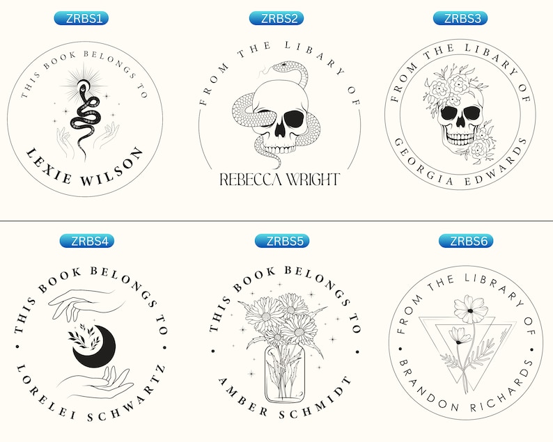 May include: Six circular black and white custom book stamps featuring various designs including a snake with hands, a skull with a snake, a skull with flowers, hands holding a crescent moon, a jar of flowers, and a flower inside a triangle.
