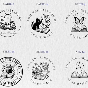 May include: A collection of six circular black and white custom book stamp designs featuring illustrations of cats, butterflies, bees, books, and stars, with personalised names including Sofia Hughes, Grace Ward, Hazel Cox, and Olivia Bennett.