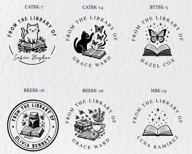 May include: A collection of six circular black and white custom book stamp designs featuring illustrations of cats, butterflies, bees, books, and stars, with personalised names including Sofia Hughes, Grace Ward, Hazel Cox, and Olivia Bennett.
