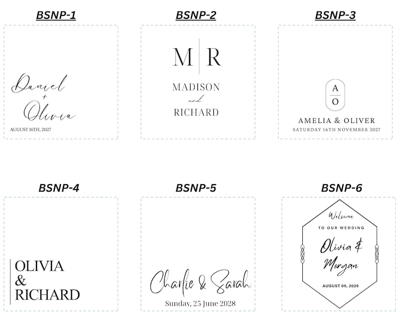 Pode incluir: Seis designs diferentes de cart&otilde;es de guardar a data do casamento com v&aacute;rias fontes e estilos. Os designs incluem nomes como Daniel e Olivia, Madison e Richard, Amelia e Oliver, Olivia e Richard, Charlie e Sarah e Olivia e Morgan. As datas tamb&eacute;m est&atilde;o inclu&iacute;das em cada design.
