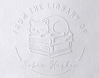 Cat Custom Book Stamp, Personalized Ex Libris Embosser, Library Bookplate Stamp, Book Lover Gift, Teacher Librarian Stamp