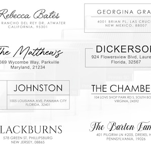 May include: A collection of black and white return address labels with names and addresses. The labels are printed on a white background with black text. The names are written in a cursive font. The addresses are written in a sans-serif font.