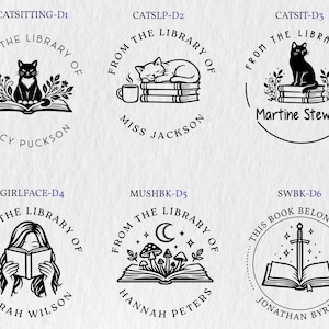 May include: A collection of six circular black and white rubber stamp designs featuring illustrations of cats, books, mushrooms, and a sword. Each design includes the text FROM THE LIBRARY OF or THIS BOOK BELONGS TO and a personalised name.