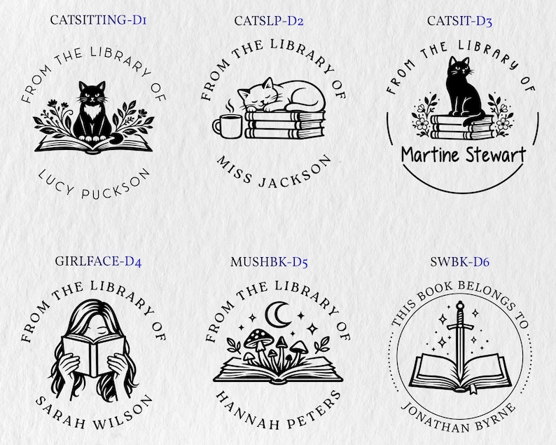 May include: A collection of six circular black and white rubber stamp designs featuring illustrations of cats, books, mushrooms, and a sword. Each design includes the text FROM THE LIBRARY OF or THIS BOOK BELONGS TO and a personalised name.