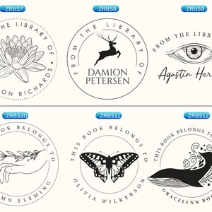May include: Six circular black and white book stamp designs featuring illustrations of a lotus, a leaping deer, an eye, a hand holding a flower, a butterfly, and a whale, with personalised names and text including From the Library of and This Book Belongs To.