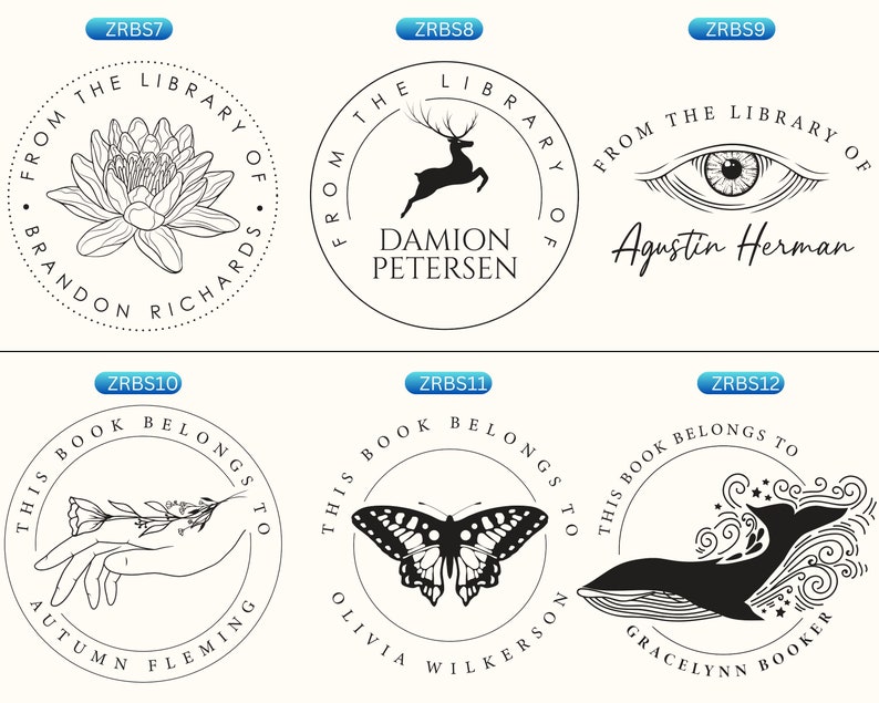 May include: Six circular black and white book stamp designs featuring illustrations of a lotus, a leaping deer, an eye, a hand holding a flower, a butterfly, and a whale, with personalised names and text including From the Library of and This Book Belongs To.
