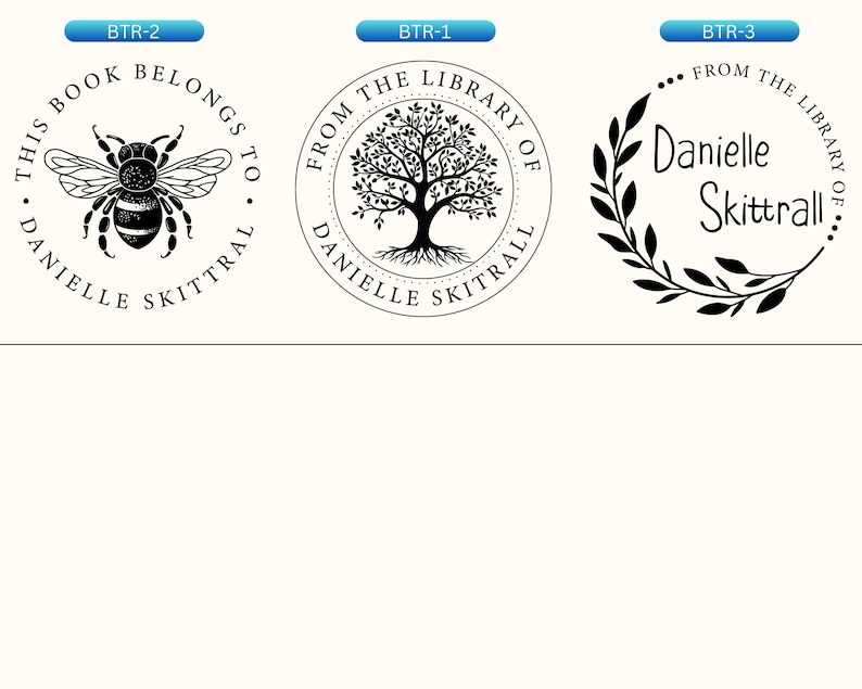 May include: Three circular black ink stamps on a light background. The first features a bee with the text THIS BOOK BELONGS TO DANIELLE SKITTRAL. The second shows a tree with FROM THE LIBRARY OF DANIELLE SKITTRAL. The third has leaves and Danielle Skittral.