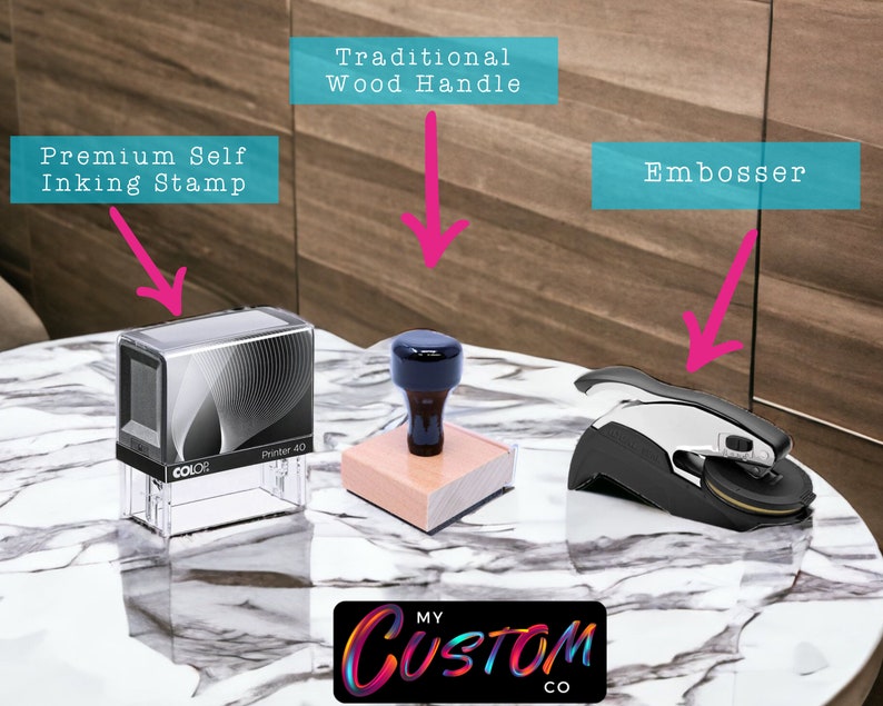 May include: A premium self-inking stamp labelled Printer 40, a traditional wood handle stamp, and a black and silver embosser. The image includes pink arrows pointing to each item with text labels and a black logo reading My Custom Co.