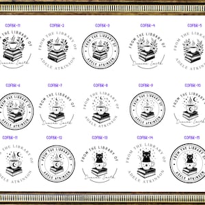 May include: A collection of fifteen circular black and white rubber stamp designs featuring illustrations of books, steaming mugs, cats, and celestial elements. Each design includes the text FROM THE LIBRARY OF and various names.