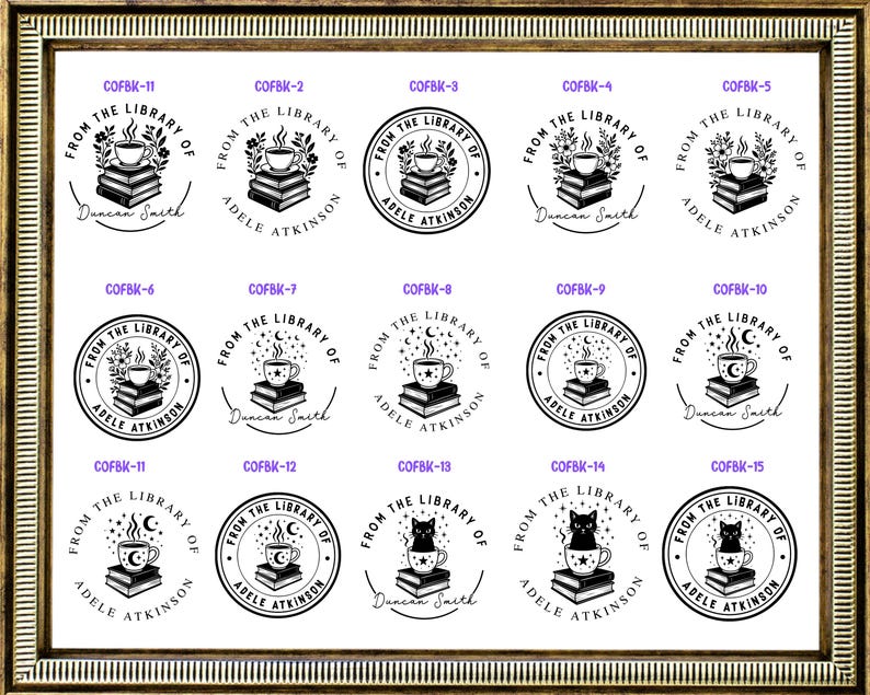 May include: A collection of fifteen circular black and white rubber stamp designs featuring illustrations of books, steaming mugs, cats, and celestial elements. Each design includes the text FROM THE LIBRARY OF and various names.