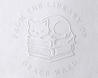 Cat Custom Ex Libris Stamp, Personalized Library Book Embosser