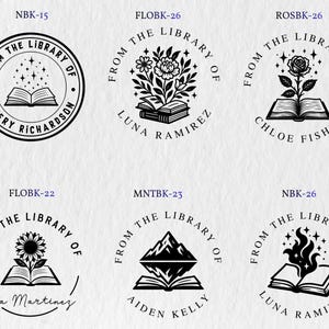 May include: Six circular black and white custom book stamp designs featuring open books with various illustrations including stars, flowers, a rose, a sunflower, mountains, and flames, each with the text FROM THE LIBRARY OF and a name.