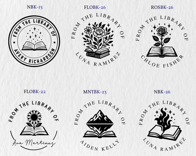 May include: Six circular black and white custom book stamp designs featuring open books with various illustrations including stars, flowers, a rose, a sunflower, mountains, and flames, each with the text FROM THE LIBRARY OF and a name.
