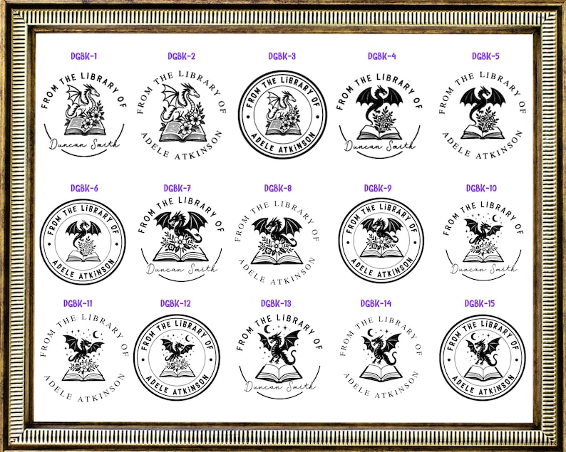 May include: A collection of fifteen black and white circular and semi-circular book stamp designs featuring dragons, open books, and floral elements. Each design includes the text From The Library Of followed by the names Duncan Smith or Adele Atkinson.