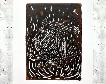 Fire Bird Linoprint – Original Hand-Pulled Block Print 5x7 in | Handmade Relief Print | Nature & Folk Art Wall Decor